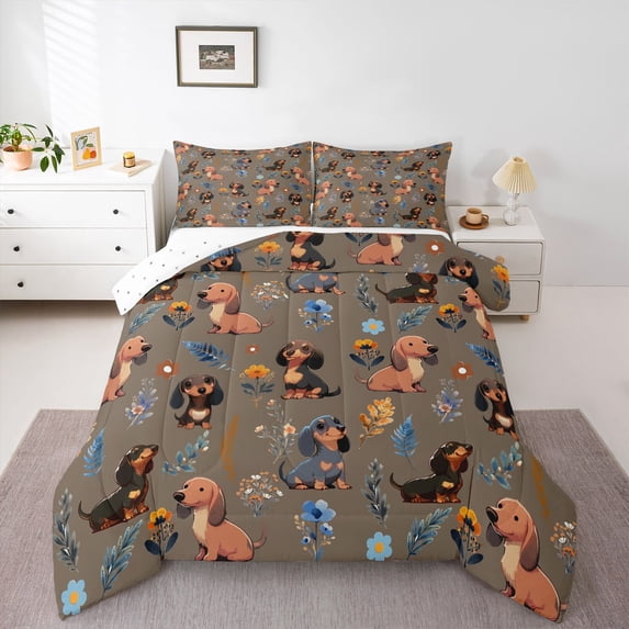 Homewish Funny Dachshund Dog Full Size Comforter Sets,Pretty Flowers Bedding Comforter Set,Brown,Reversible,3pcs,1 Comforter and 2 Pillowcases