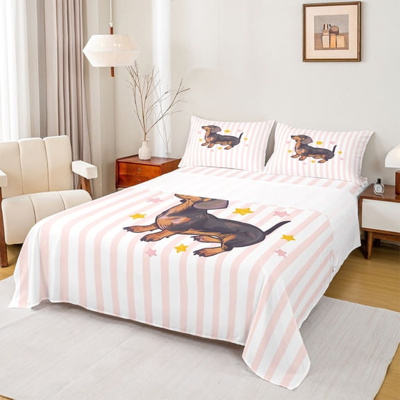 Homewish Funny Dachshund Dog Queen Sheets,Pink Stripes Stars Queen Sheet Sets,4pcs,1 Flat Sheet, 1 Fitted Sheet and 2 Pillowcases