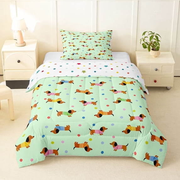 Homewish Funny Dachshund Dog Twin Comforter Sets,Kawaii Pet Bedding Set,Green,Polkadot Reversible,2 Pieces,1 Comforter and 1 Pillowcase