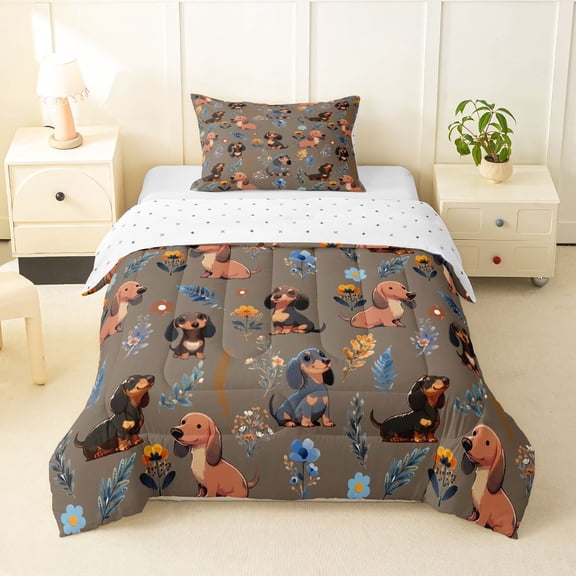 Homewish Funny Dachshund Dog Twin Comforter Sets,Pretty Flowers Bedding Set,Brown,Reversible,2 Pieces,1 Comforter and 1 Pillowcase