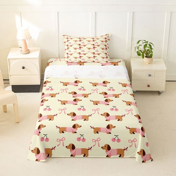 Homewish Funny Dachshund Dog Twin Sheets,Bow Cherry Bedding,Yellow,Pet Themed Decor,3pcs,1 Fitted Sheet and 1 Pillowcase