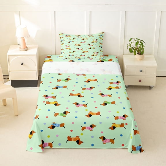 Homewish Funny Dachshund Dog Twin Sheets,Kawaii Pet Bedding,Green,3 Pieces,1 Fitted Sheet and 1 Pillowcase