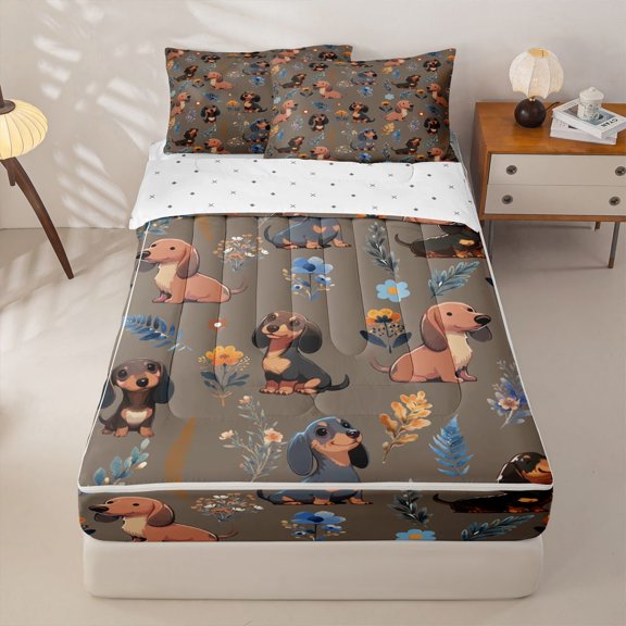 Homewish Funny Dachshund Dog Zipper Queen Comforter Set with Fitted Sheet and 2 Pillowcases,Pretty Flowers Zipper Bedding Set,Brown,Reversible,4pcs