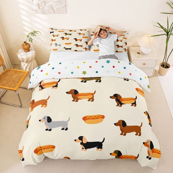 Homewish Funny Dachshund Duvet Cover Queen,Hot Dog Bun Queen Bedding,Cream,Polkadot Reversible,3-Piece,1 Duvet Cover and 2 Pillowcases