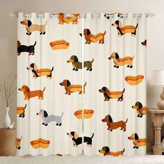 Homewish Funny Dachshund Kitchen Curtains,Hot Dog Bun Black Out Curtains Pack of 2 (42x63 Each),Cream