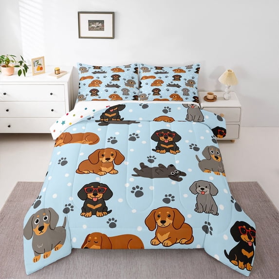 Homewish Funny Dachshund Queen Comforter Set,Gray Paw Print Comforter Sets Queen,Light Blue Polka Dot Decor,Polkadot Reversible,3 Pieces,1 Comforter and 2 Pillowcases