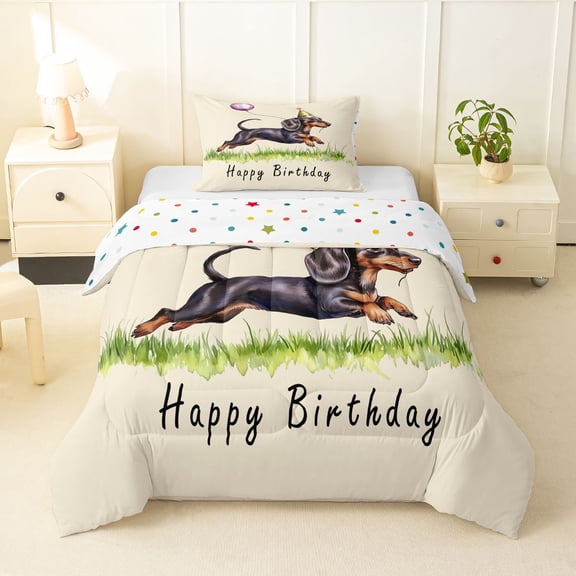 Homewish Funny Dachshund Twin Comforter Sets,Cartoon Animal Bedding Set,Beige,Happy Birthday Print Decor,Polkadot Reversible,2 Pieces,1 Comforter and 1 Pillowcase