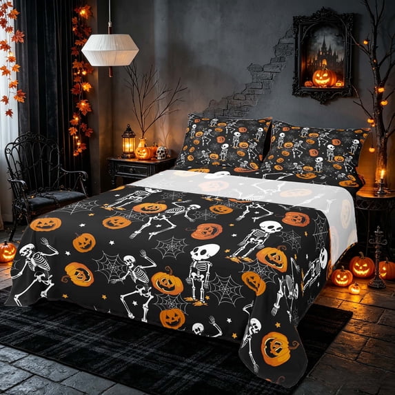 Homewish Funny Dancing Skeleton Bed Sheets, Halloween Pumpkin Lanten Full Size Sheets, Black Orange, 4-Piece (1 Flat Sheet, 1 Fitted Sheet and 2 Pillowcases)