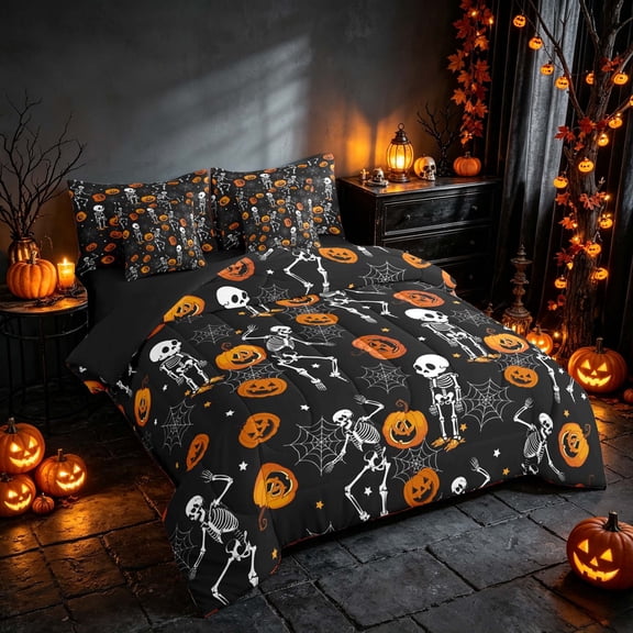 Homewish Funny Dancing Skeleton King Bedding, Halloween Pumpkin Lanten King Bed in a Bag, Black Orange, Black Reversible 7-Piece