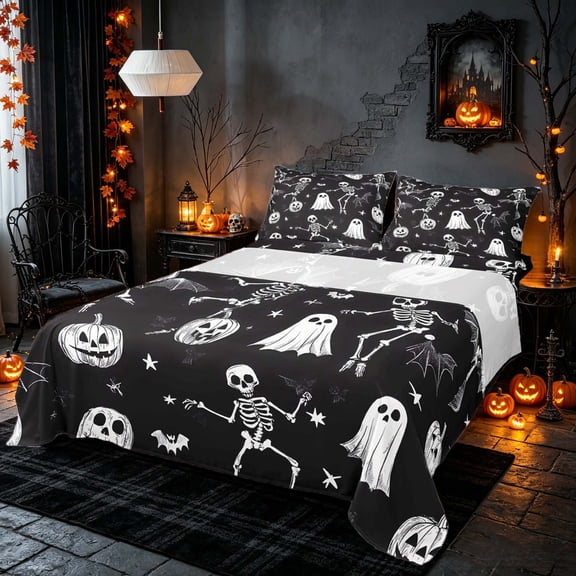 Homewish Funny Dancing Skeleton Queen Sheets, Halloween Ghost Queen Sheet Sets, Black White, 4pcs (1 Flat Sheet, 1 Fitted Sheet and 2 Pillowcases)