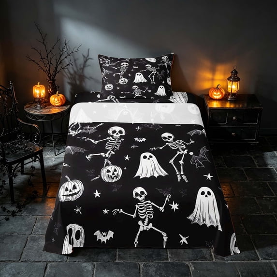 Homewish Funny Dancing Skeleton Twin Sheets, Halloween Ghost Bedding, Black White, 3pcs (1 Flat Sheet, 1 Fitted Sheet and 1 Pillowcase)