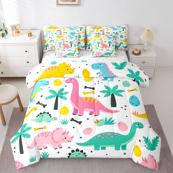 Homewish Funny Dino 7 Pieces Full Size Bedding Sets,Kawaii Wild Dinosaur Full Size Bed in a Bag,Pink