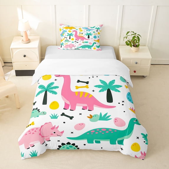 Homewish Funny Dino Twin Duvet Cover,Kawaii Wild Dinosaur Twin Bedding,Pink,2-Piece,1 Duvet Cover and 1 Pillowcase