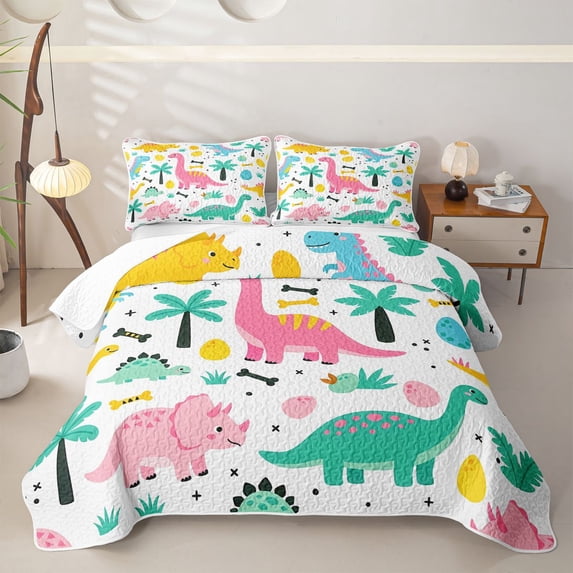 Homewish Funny Dino Twin Quilt Set,Kawaii Wild Dinosaur Twin Coverlet Set,2pcs
