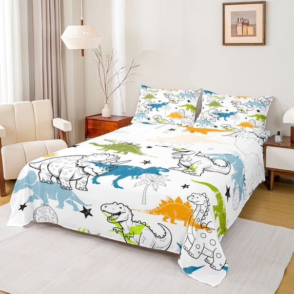 Homewish Funny Dinosaur Bed Sheets,Cute Wildlife Full Size Sheets,White,4 Pieces,1 Flat Sheet, 1 Fitted Sheet and 2 Pillowcases