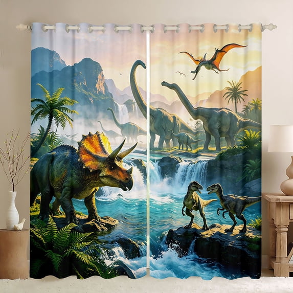 Homewish Funny Dinosaur Blackout Curtains Set of 2 (52x84 Each),Jungle Animal Curtain,Green Blue