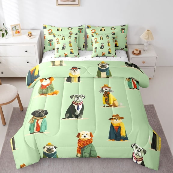 Homewish Funny Dog 7-Piece Twin Bedding,Pet Lover Bedding Comforter Set,Green,Reversible