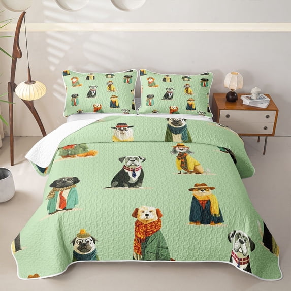 Homewish Funny Dog Bed Spread Queen,Pet Lover Queen Coverlet Set,Green,3pcs
