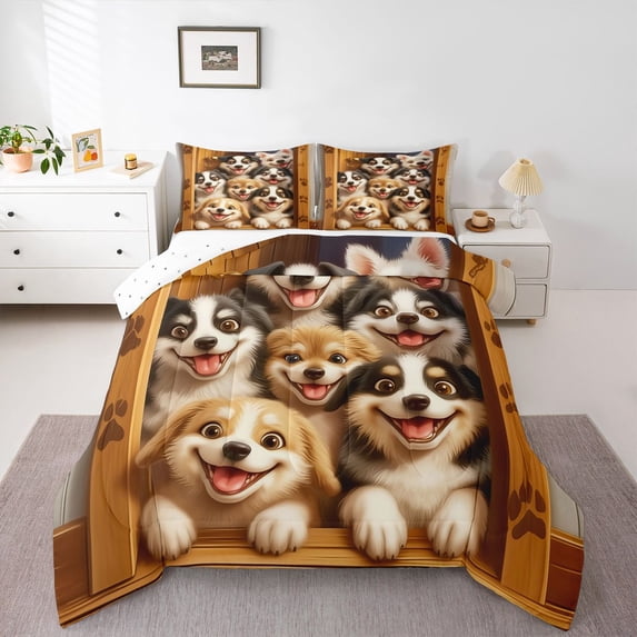 Homewish Funny Dogs Full Size Comforter Sets,Kawaii Pet Bedding Comforter Set,Brown,Reversible,3pcs,1 Comforter and 2 Pillowcases