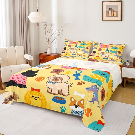 Homewish Funny Dogs Queen Sheets For Kids Girls Boys ,Cute Corgi Pug Queen Sheet Sets,Yellow,4-Piece,1 Flat Sheet, 1 Fitted Sheet and 2 Pillowcases