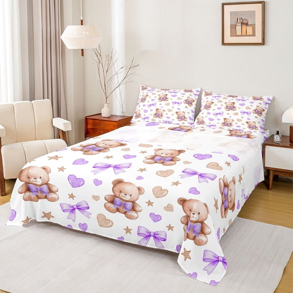 Homewish Funny Doll Bear Bed Sheets for Child, Cartoon Purple Bowknot King Sheets, Stars Love Heart Sheet Set, Lightweight Room Decor, 4-Piece