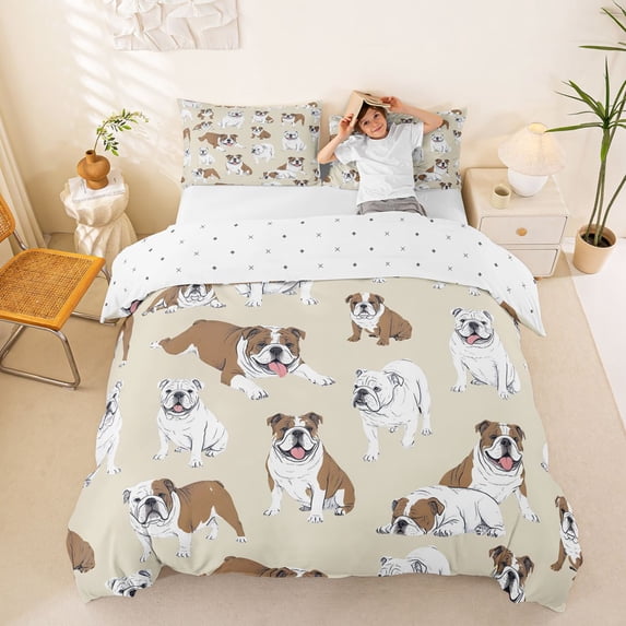 Homewish Funny English Bulldog Duvet Cover Queen,Kawaii Animal Queen Bedding,Cream,Reversible,3 Pieces,1 Duvet Cover and 2 Pillowcases
