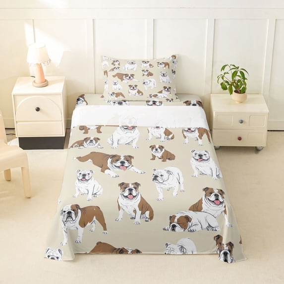 Homewish Funny English Bulldog Twin Sheets,Kawaii Animal Bedding,Cream,3pcs,1 Fitted Sheet and 1 Pillowcase