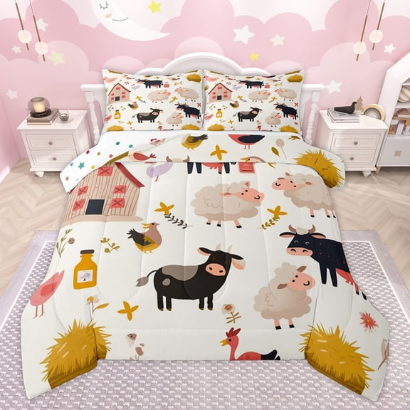 Homewish Funny Farm Cow Bedding Comforter Set for Kids, Kawaii Rustic Sheep Twin Comforter Sets, Cartoon Lodge Cabin Reversible Bedding Set, Super Cozy Room Decor, 2-Piece