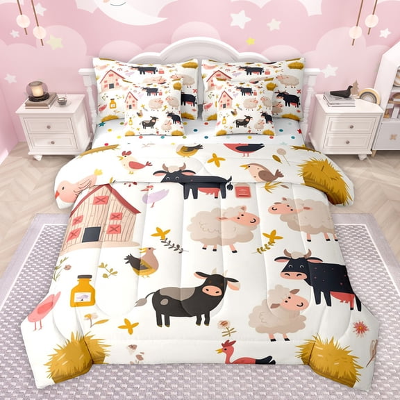 Homewish Funny Farm Cow Twin Bedding Sets 7-Piece for Kids, Kawaii Rustic Sheep Bedding Comforter Set, Cartoon Lodge Cabin Reversible Sheet Sets, Super Cozy Room Decor