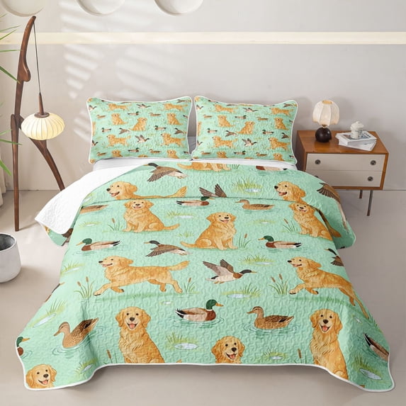 Homewish Funny Golden Retriever Quilt Full,Mallard Duck Full Bedspread Sets,Green Yellow,3 Pieces