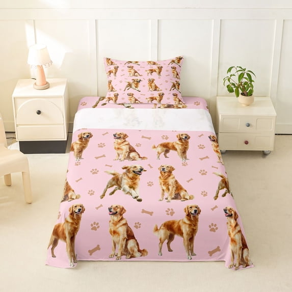 Homewish Funny Golden Retriever Twin Sheets,Dog Paws Bone Bedding,Pink,3 Pieces,1 Fitted Sheet and 1 Pillowcase