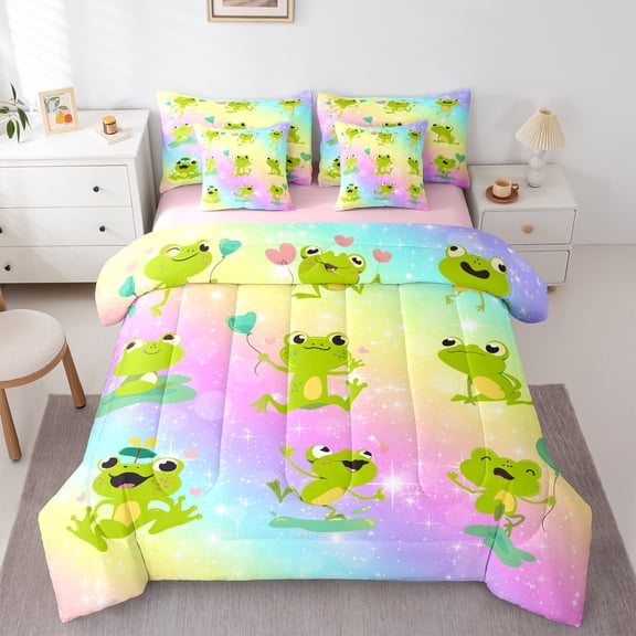 Homewish Funny Green Frog Bedding Comforter Set 7-Piece, Glitter Stars Rainbow King Bedding Sets, Teens Kids Boys Girls Reversible Bed Sheets, Lightweight Room Decor