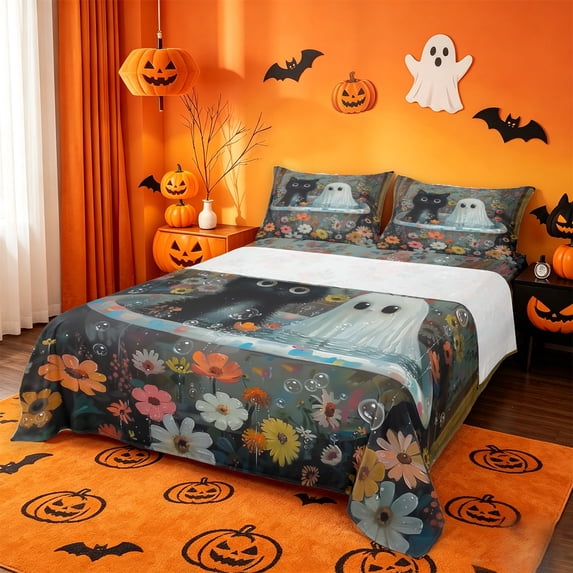 Homewish Funny Halloween Ghost Bed Sheets,Cute Cat Colorful Floral Print Full Size Sheets,4pcs,1 Flat Sheet,1 Fitted Sheet and 2 Pillowcases