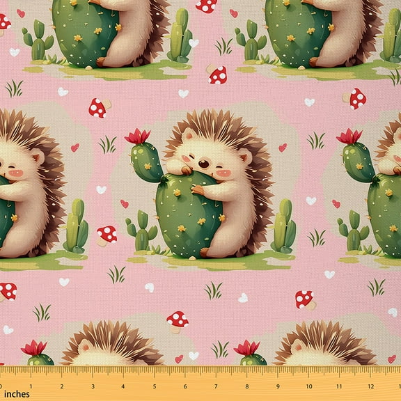 Homewish Funny Hedgehog Animal Fabric by the Yard 2 Yards for Kids, Kawaii Cute Cartoon Sewing Fabric, Green Cactus Botanical Fabric for Sewing, Lightweight Room Decor