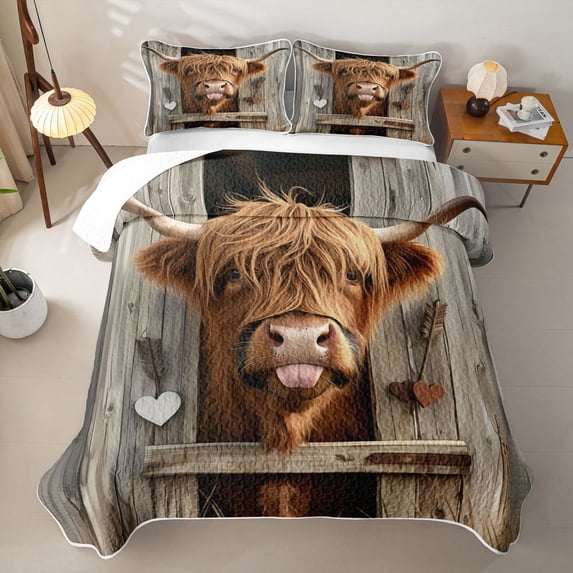 Homewish Funny Highland Cow Quilt Full for Kids, Rustic Farmhouse Full Bedspread Sets, 3-Piece, 1 Comforter and 2 Pillowcases