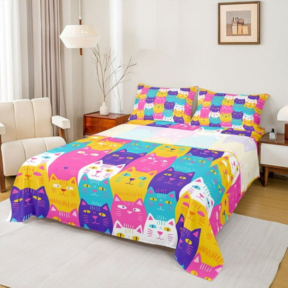 Homewish Funny Kawaii Cat Twin Sheet Sets for Kids, Cute Cartoon Kitten Twin Fitted Sheet, Funny Animal Print Flat Sheet, Luxury Bedroom Decor, 3-Piece