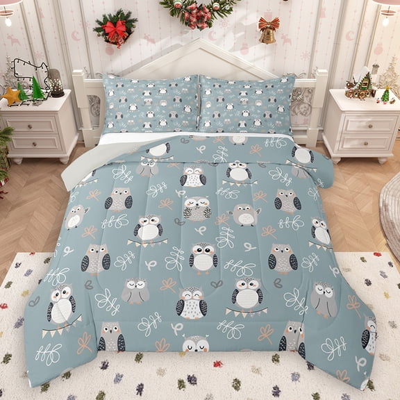 Homewish Funny Kawaii Owl Queen Comforter Set, Cute Cartoon Animal Bedding Sets, Teens Kids Boys Girls Reversible Bedding Comforter Set, Breathable Home Decor, 3pcs