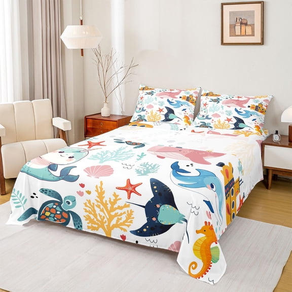 Homewish Funny Marine Whale Bed Sheets, Cute Cartoon Sea Turtle King Sheets, Kawaii Ocean Starfish Sheet Set, Breathable Home Decor, 4pcs