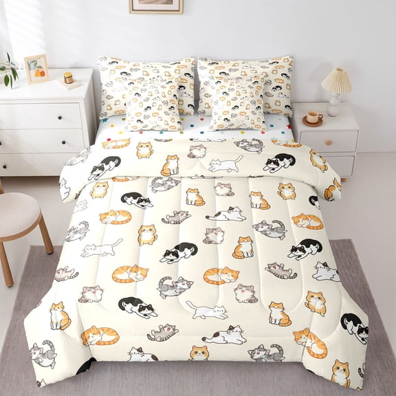 Homewish Funny Pet Cat 7pcs Queen Bedding,Cartoon Animals Bedding Comforter Set Queen,Beige,Polkadot Reversible