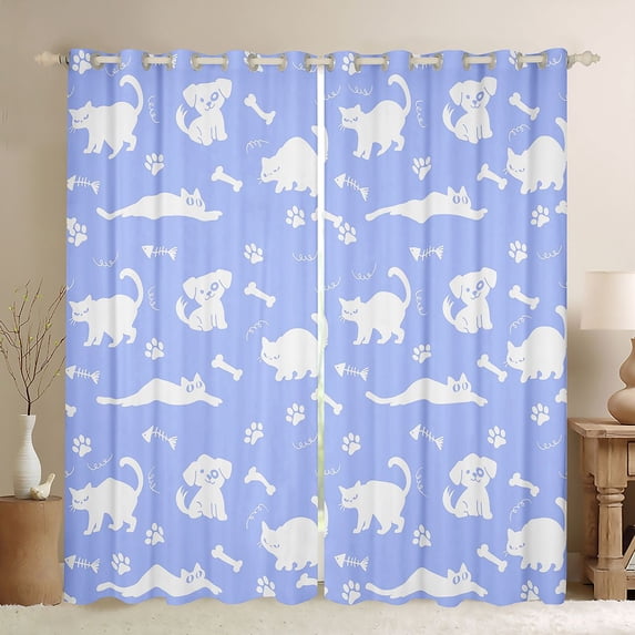 Homewish Funny Pet Cat Dog Blackout Curtains,Kawaii Animals Curtains Pack of 2 (42x84 Each),Blue White