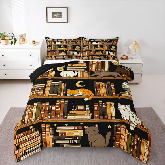 Homewish Funny Pet Cats Full Size Comforter Sets,Moon Books Bedding Comforter Set,Orange Cream,Black Reversible,3-Piece,1 Comforter and 2 Pillowcases