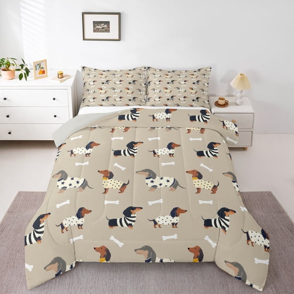 Homewish Funny Pet Dachshund Queen Comforter Set,Dog Bone Prints Comforter Sets Queen,Light Gray Reversible,3 Pieces,1 Comforter and 2 Pillowcases