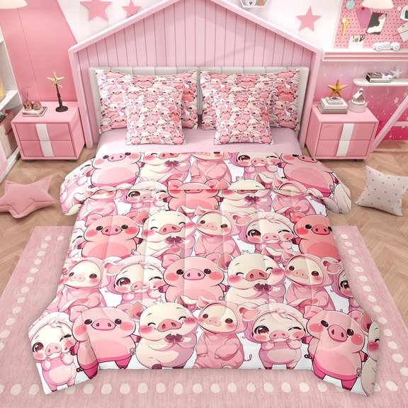Homewish Funny Pink Pig Bedding Comforter Set 7pcs, Kawaii Cartoon Farm Animal Queen Bedding Sets, Teens Kids Boys Girls Reversible Queen Sheet Sets, Super Cozy Room Decor