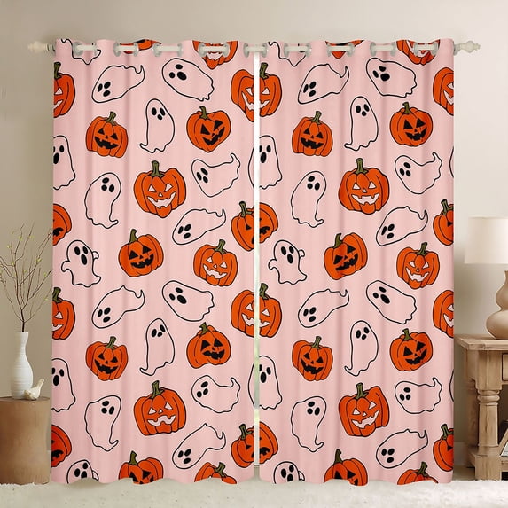 Homewish Funny Pumpkin Lantern Blackout Curtains Set of 2 (52x84 Each), Happy Halloween Curtain, Pink Orange White