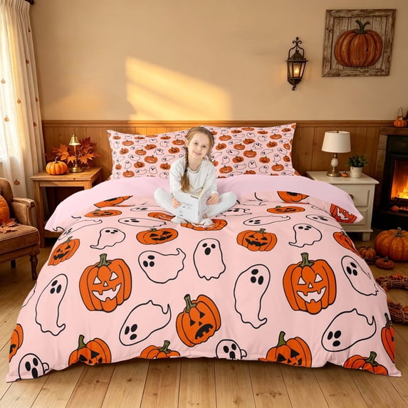 Homewish Funny Pumpkin Lantern Duvet Cover Queen, Happy Halloween Queen Bedding, Pink Orange White, Pink Reversible 3-Piece, 1 Duvet Cover and 2 Pillowcases