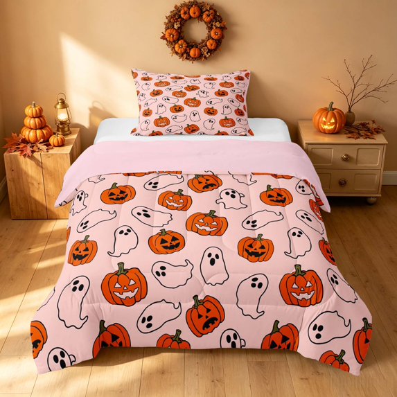 Homewish Funny Pumpkin Lantern Twin Comforter Sets, Happy Halloween Bedding Set, Pink Orange White, Pink Reversible, 2-Piece 1 Comforter and 1 Pillowcase