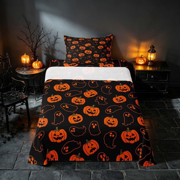 Homewish Funny Pumpkin Lantern Twin Sheets, Happy Halloween Bedding, Black Orange, 3 Pieces (1 Flat Sheet, 1 Fitted Sheet and 1 Pillowcase)