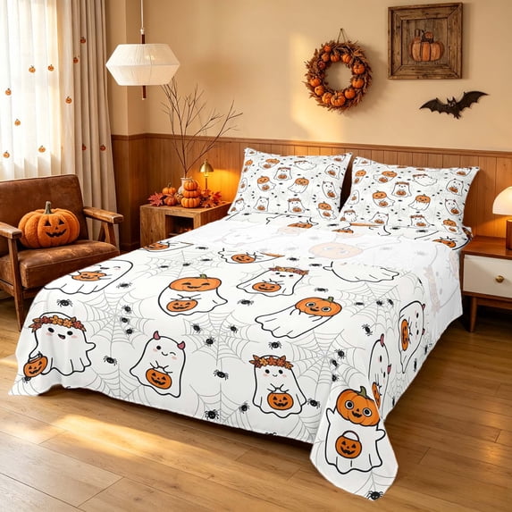 Homewish Funny Spooky Animal Bed Sheets for Girls, Happy Halloween Themed Full Size Sheets, Off White Orange Pink, 4-Piece (1 Flat Sheet, 1 Fitted Sheet and 2 Pillowcases)