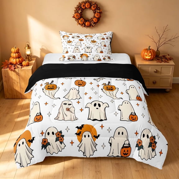 Homewish Funny Spooky Animal Twin Comforter Sets, Halloween Pumpkin Lantern Bedding Set, Off White Orange, Black Reversible, 2 Pieces 1 Comforter and 1 Pillowcase