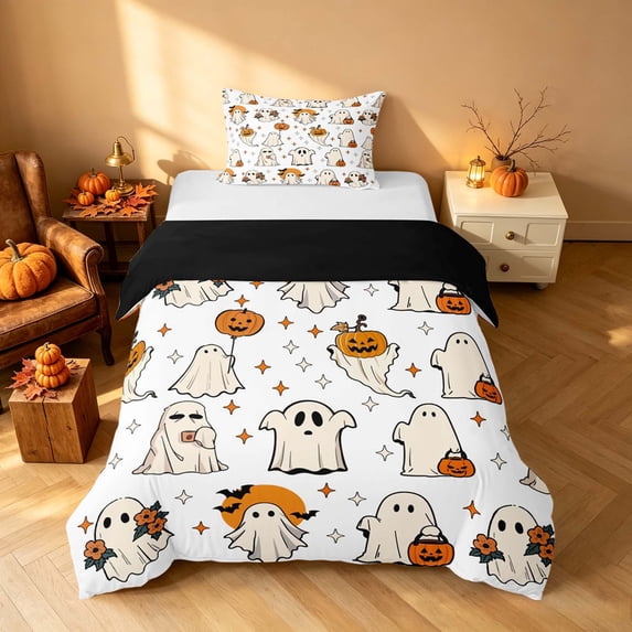 Homewish Funny Spooky Animal Twin Duvet Cover, Halloween Pumpkin Lantern Twin Bedding, Off White Orange, Black Reversible 2 Pieces, 1 Duvet Cover and 1 Pillowcase